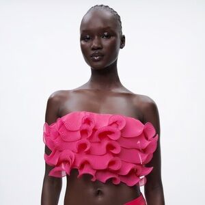 NWT ZARA Pink Fuachia Ruffled Crop Top Bandeau w Frills Ruffles Size S 1971/157